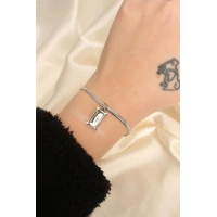 Çelik Gümüş Renk Dikdörtgen Taşlı İtalyan Zincirli Bileklik