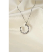 Çelik Silver Renk Zirkon Taşlı Çivi Model Kadın Kolye