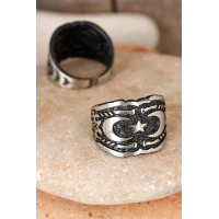 Çift Hilal Figürlü Kare Füme Gri Renk Ayarlamalı Erkek Yüzük