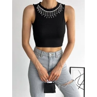 Fitilli Kaşkorse Yakası Zincirli Atlet Siyah