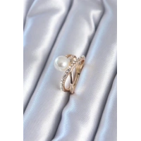 Gold Renk İncili Zirkon Taşlı Kadın Yüzük