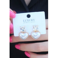 Gold Renk Kalp Model Zirkon Taşlı Pirinç Kadın Küpe