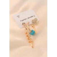 Gold Renk Metal Zirkon Taşlı Yılan ve Kalp Detaylı Küpe Seti