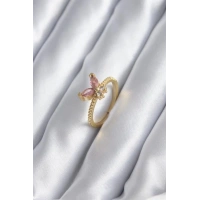 Gold Renk Pembe Zirkon Taşlı Kelebek Model Kadın Yüzük