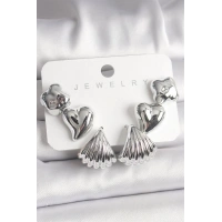 Gümüş Renk Yonca Kalp Deniz Kabuğu Figür CCB Kadın Küpe Seti