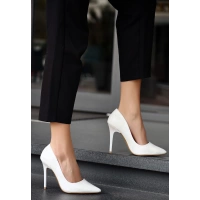 Hillar Beyaz Cilt Stiletto Ayakkabı