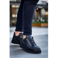 Kb-X4  Kuback Siyah Cilt Siyah Yüksek Taban Bağcıklı Günlük Erkek Ayakkabı