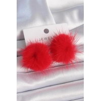 Kırmızı Tüylü Ponpon Model Kadın Küpe