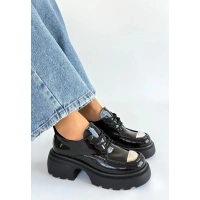 Kiya Siyah Rugan Dolgu Topuk Oxford Ayakkabı