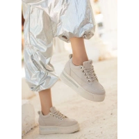 Lulu Bej Cilt Bağcıklı Spor Ayakkabı