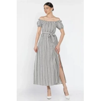 Madonna yaka midi yırtmaçlı kuşaklı keten elbise