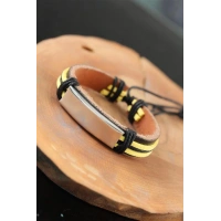 Metal Aksesuarlı Sarı Siyah Renk Deri Erkek Bileklik