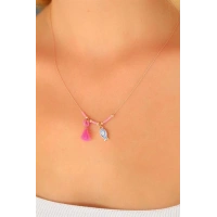 Nazar Boncuklu Pembe Renk Taşlı Rose Bayan Kolye