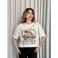 Oversize Beyaz Baskılı Crop Kadın T-Shirt