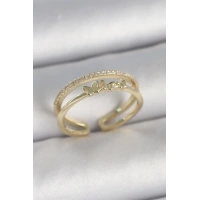 Pirinç Gold Renk 2Li Sıra Zirkon Taş Detaylı Kelebek Figürlü Ayarlanabilir Model Kadın Yüzük