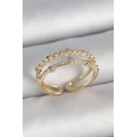 Pirinç Gold Renk 2Li Sıralı Zirkon Taşlı Ayarlanabilir Model Kadın Yüzük