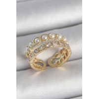 Pirinç Gold Renk 2Li Zirkon Taşlı Ve İncili Ayarlanabilir Kadın Yüzük