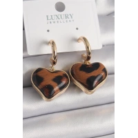 Pirinç Gold Renk 3D Kalp Leopar Desen Model Kadın Küpe