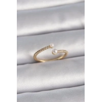 Pirinç Gold Renk Ayarlanabilir Sıralı Zirkon Taşlı İnci Detay Kadın Yüzük