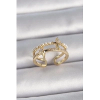 Pirinç Gold Renk Ayarlanabilir Zirkon Taşlı İncili Yıldız Model Kadın Yüzük
