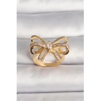 Pirinç Gold Renk Ayarlanabilir Zirkon Taşlı Kurdele Model Kadın Yüzük
