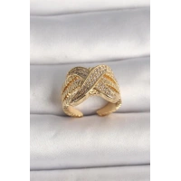 Pirinç Gold Renk Ayarlanabilir Zirkon Taşlı X Model Kadın Yüzük