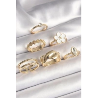 Pirinç Gold Renk Beyaz Çiçek Figür Zirkon Taşlı Kadın 6Lı Kadın Yüzük Seti