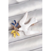 Pirinç Gold Renk Beyaz Kuş Model Zirkon Taşlı Sarı Lacivert Yaprak Detay Kadın Broş