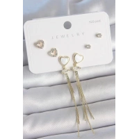 Pirinç Gold Renk Beyaz Mineli Sallantı Mineli Kalp Model Zirkon Taş Detaylı 925 Ayar Gümüş Çivi Kadın Küpe Seti