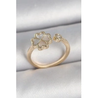 Pirinç Gold Renk Beyaz Mineli Yonca Model Zirkon Taş Detay Ayarlanabilir Kadın Yüzük