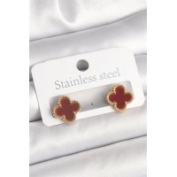 Pirinç Gold Renk Bordo Yonca Model Kadın Küpe