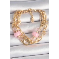 Pirinç Gold Renk Çoklu Pembe Taşlı Kadın Bileklik