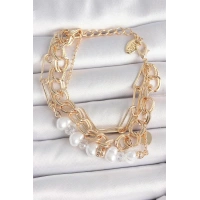 Pirinç Gold Renk Çoklu Zincir Model İncilli Zirkon Taş Detay Kadın Bileklik