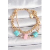 Pirinç Gold Renk Çoklu Zincir Model Mavi Taş Figürlü Kadın Bileklik