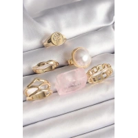 Pirinç Gold Renk Daire 3D İncili Figür Zincir Model Gül İşleme Detaylı 6Lı Kadın Yüzük Seti