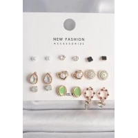 Pirinç Gold Renk Damla Zirkon Taşlı İncili Kalp Detay 9 Çift Kadın Küpe Seti