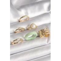 Pirinç Gold Renk Düğüm Model İncili İşlemeli Plaka Model 6Lı Kadın Yüzük Seti