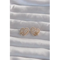 Pirinç Gold Renk Fiyonk Detay İncili Zirkon Taşlı Kalp Küpe