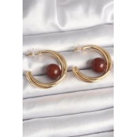 Pirinç Gold Renk Halka Model Kahverengi Boncuk Detay Kadın Küpe