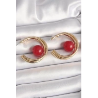 Pirinç Gold Renk Halka Model Kırmızı Boncuk Detay Kadın Küpe
