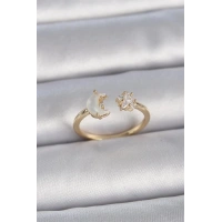 Pirinç Gold Renk İncili Hilal Zirkon Taşlı Yıldız Ayarlanabilir Model Kadın Yüzük