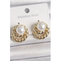 Pirinç Gold Renk İncili Sarmal Burgu Model Kadın Küpe