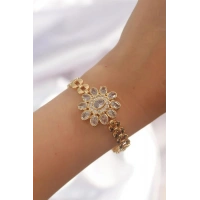 Pirinç Gold Renk İri Zirkon Taşlı Çiçek Figürlü Bileklik