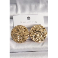 Pirinç Gold Renk İşlemeli Daire Plaka Model Kadın Küpe