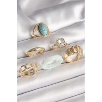 Pirinç Gold Renk Kare Zirkon Taşlı Sarmal Model Mavi Taş Detay 6Lı Kadın Yüzük Seti