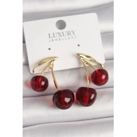 Pirinç Gold Renk Kırmızı Kiraz Model Kadın Küpe