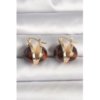 Pirinç Gold Renk Leopar Desen 3D Daire Model Kadın Küpe