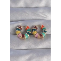 Pirinç Gold Renk Mineli Çok Renkli Kabartmalı Halka Küpe