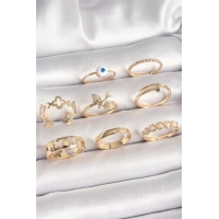 Pirinç Gold Renk Nazar Boncuk Model Kuş Detay Kadın Yüzük Kombini