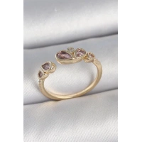 Pirinç Gold Renk Pembe Damla Zirkon Taşlı Ayarlanabilir Kadın Yüzük